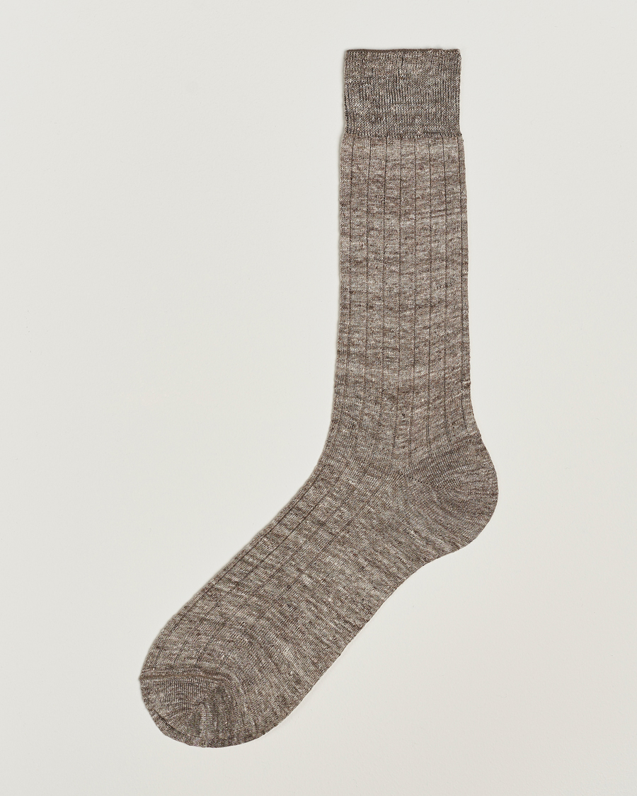Mies |  | Bresciani | Linen Ribbed Short Socks Brown Melange