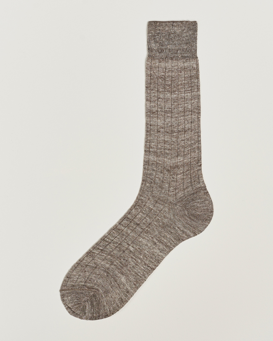 Mies | Alusvaatteet | Bresciani | Linen Ribbed Short Socks Brown Melange