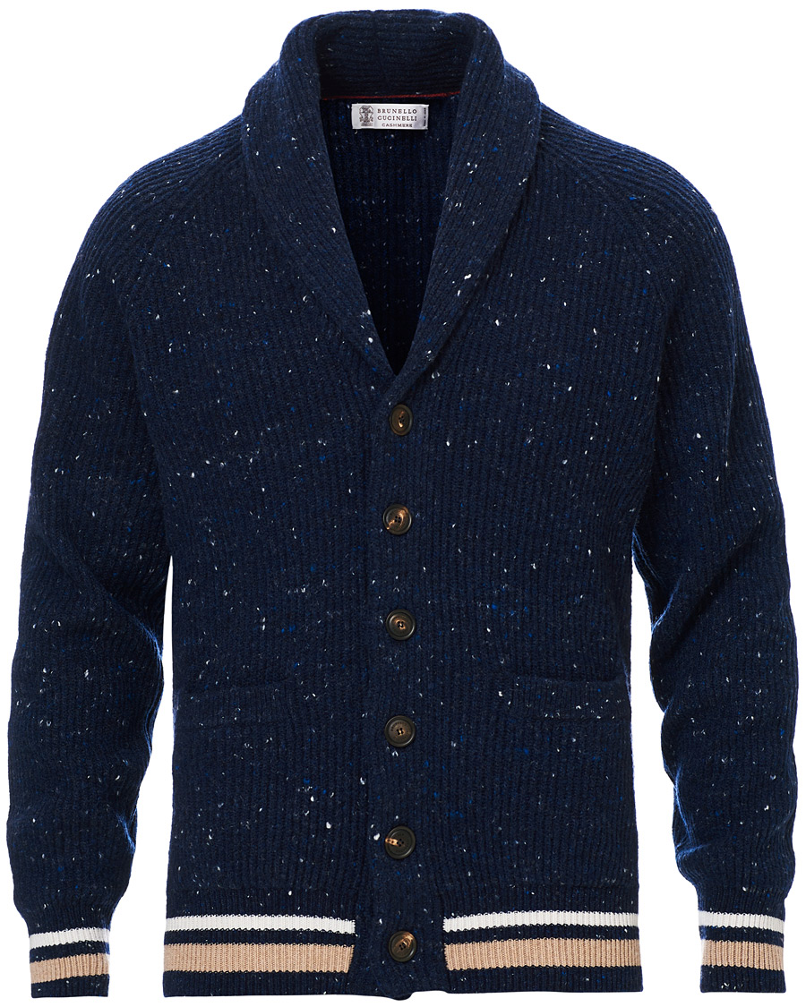 Mies | Puserot | Brunello Cucinelli | Cashmere Blend Shawl Collar Cardigan Dark Blue