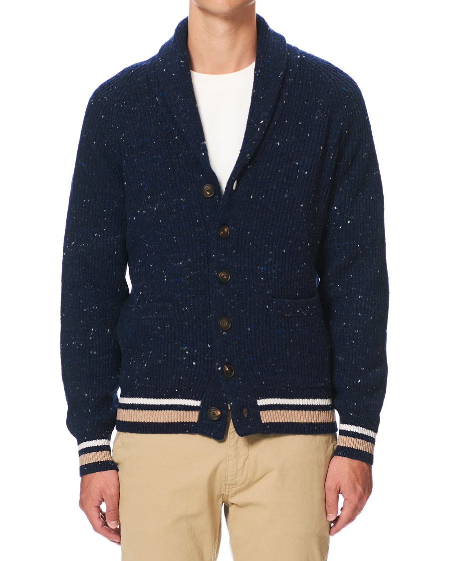 Mies | Puserot | Brunello Cucinelli | Cashmere Blend Shawl Collar Cardigan Dark Blue