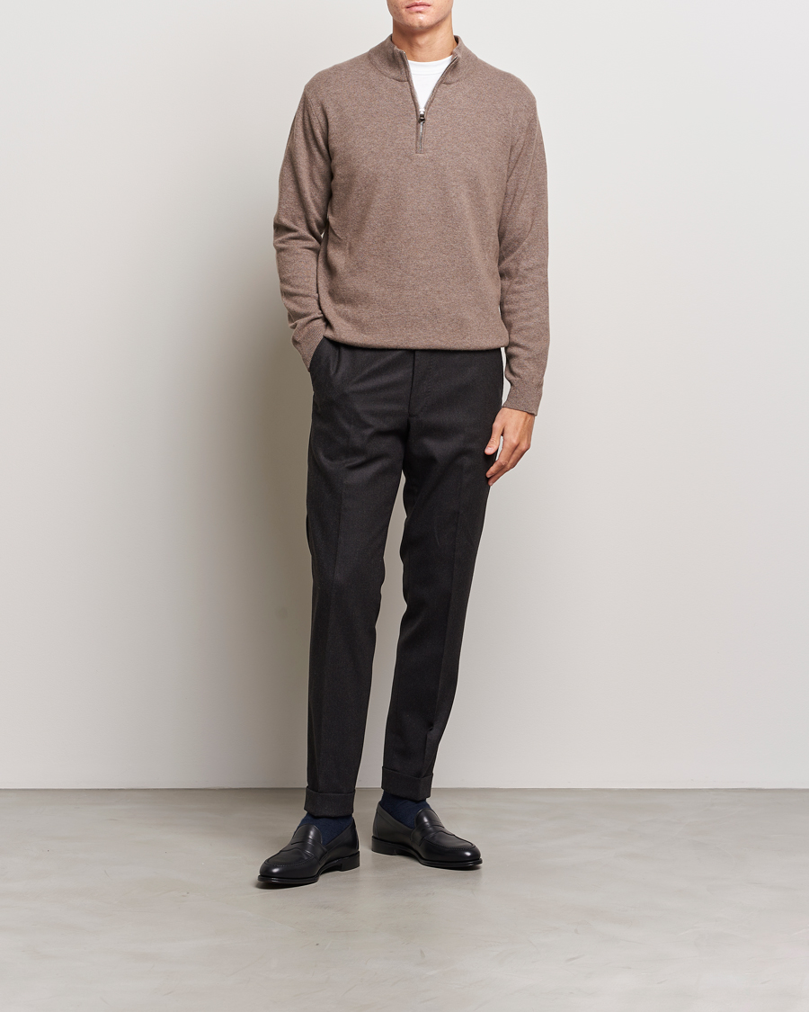 Mies | Puserot | Oscar Jacobson | Patton Wool/Cashmere Half Zip Light Brown
