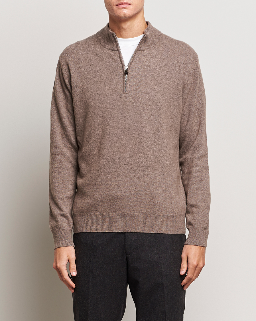 Mies | Puserot | Oscar Jacobson | Patton Wool/Cashmere Half Zip Light Brown