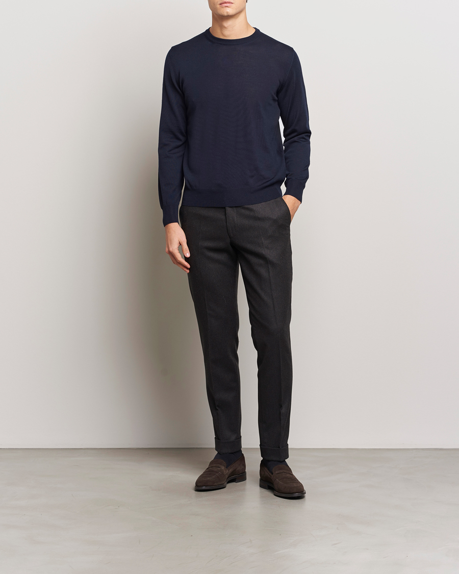 Mies | Puserot | Canali | Merino Wool Crew Neck Navy
