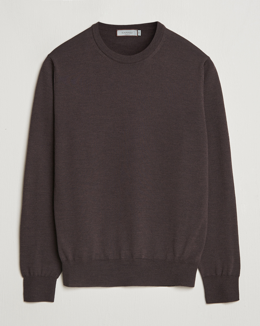 Mies | Puserot | Canali | Merino Wool Crew Neck Brown