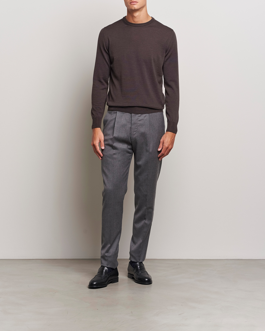 Mies | Puserot | Canali | Merino Wool Crew Neck Brown