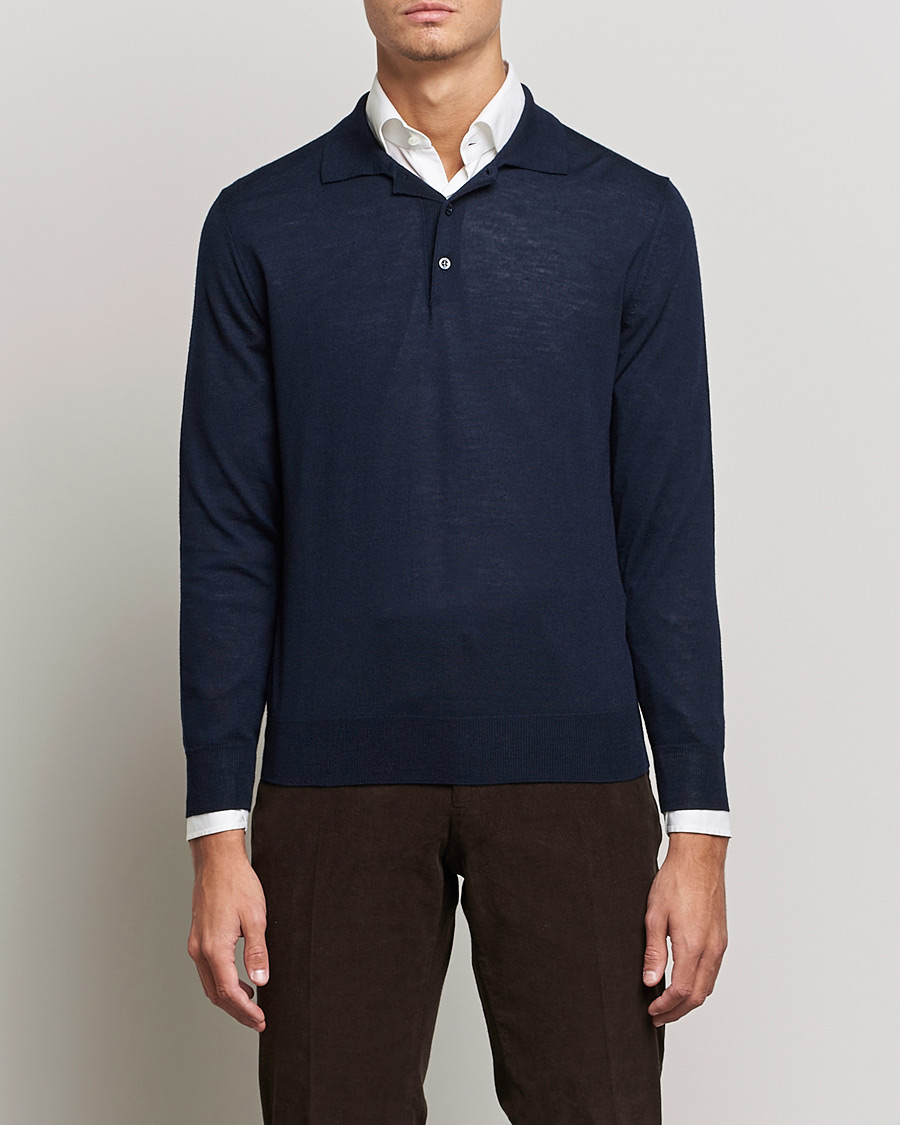 Mies | Quiet Luxury | Canali | Merino Wool Knitted Polo Navy