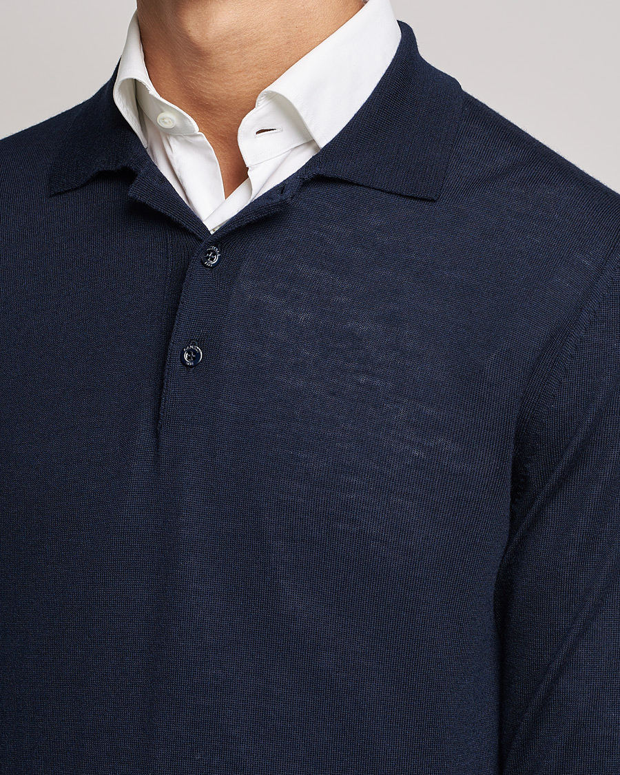 Mies | Puserot | Canali | Merino Wool Knitted Polo Navy