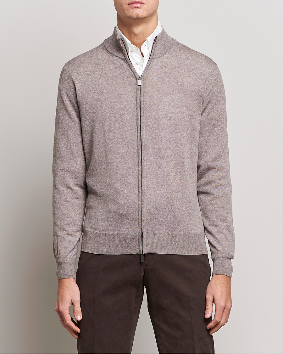 Mies | Puserot | Canali | Merino Wool Full Zip Beige