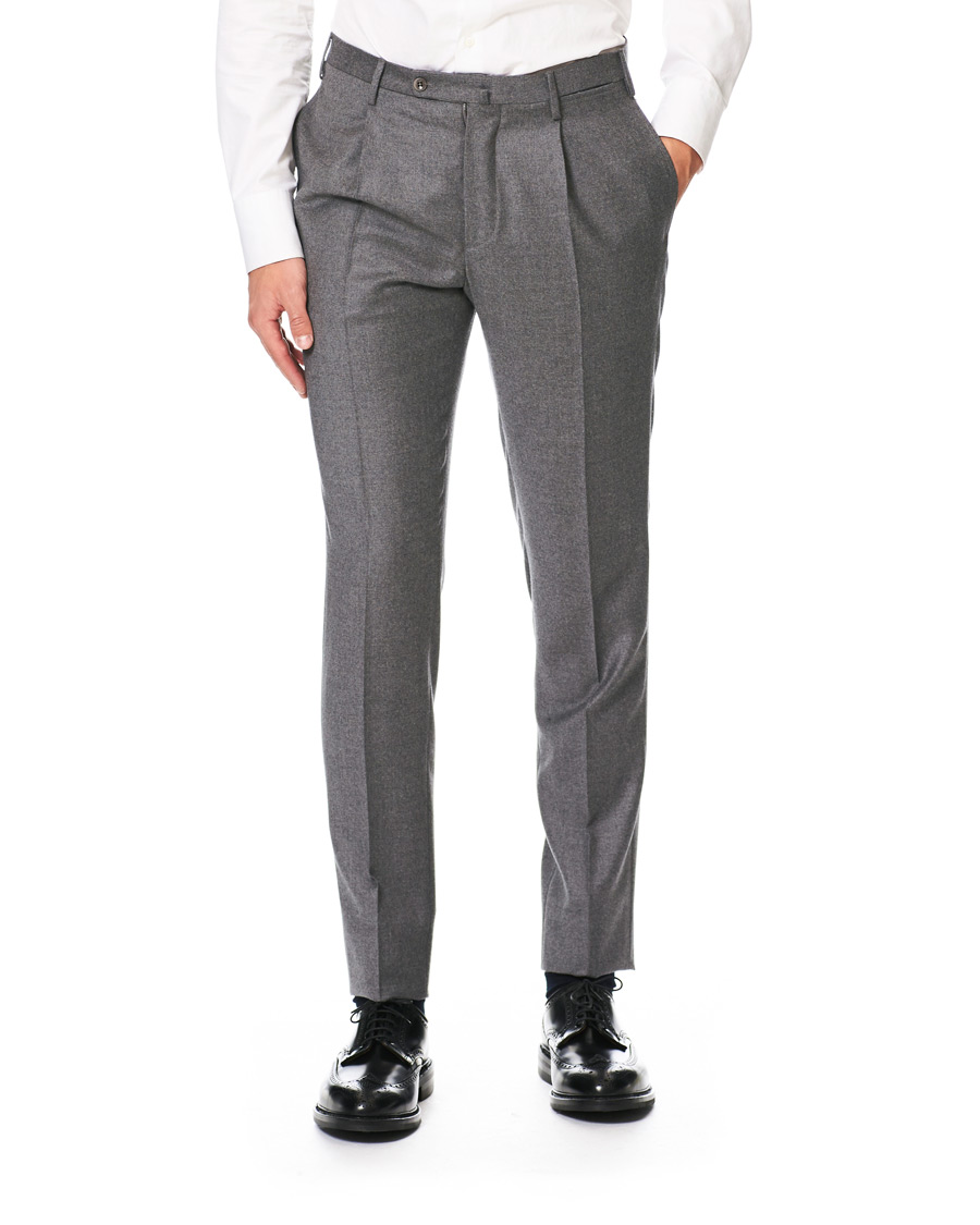 Mies |  | Incotex | Slim Fit Pleated Flannel Trousers Grey Melange