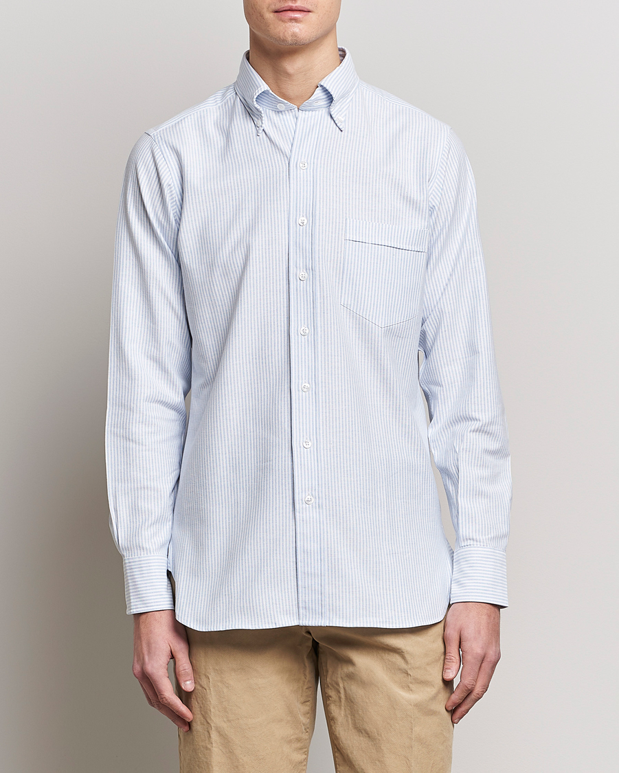 Mies | Kauluspaidat | Drake's | Striped Button Down Oxford Shirt Blue