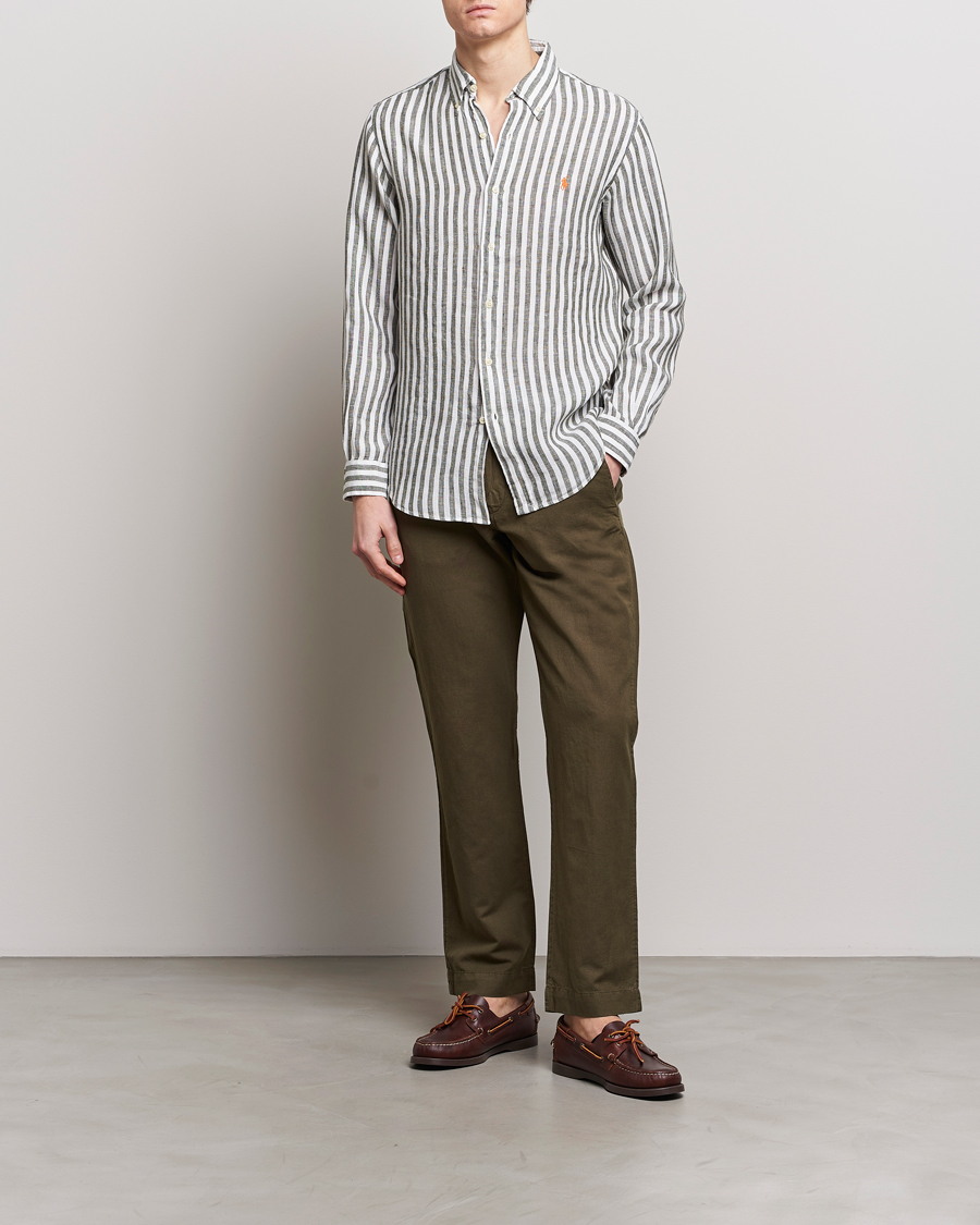 Mies | Kauluspaidat | Polo Ralph Lauren | Custom Fit Striped Linen Shirt Olive/White