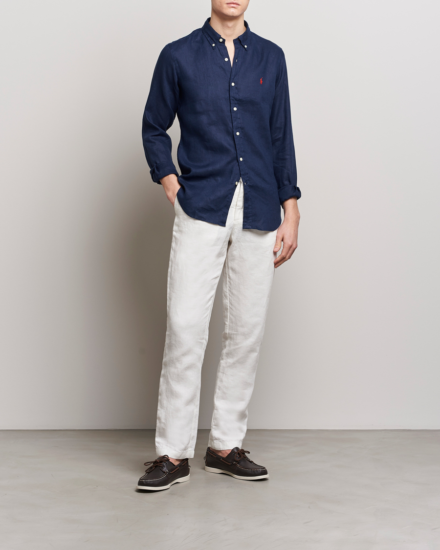 Mies | Preppy AuthenticGAMMAL | Polo Ralph Lauren | Slim Fit Linen Button Down Shirt Newport Navy