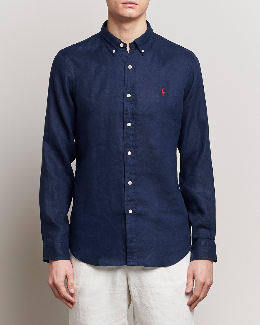 Mies | Uutuudet | Polo Ralph Lauren | Slim Fit Linen Button Down Shirt Newport Navy