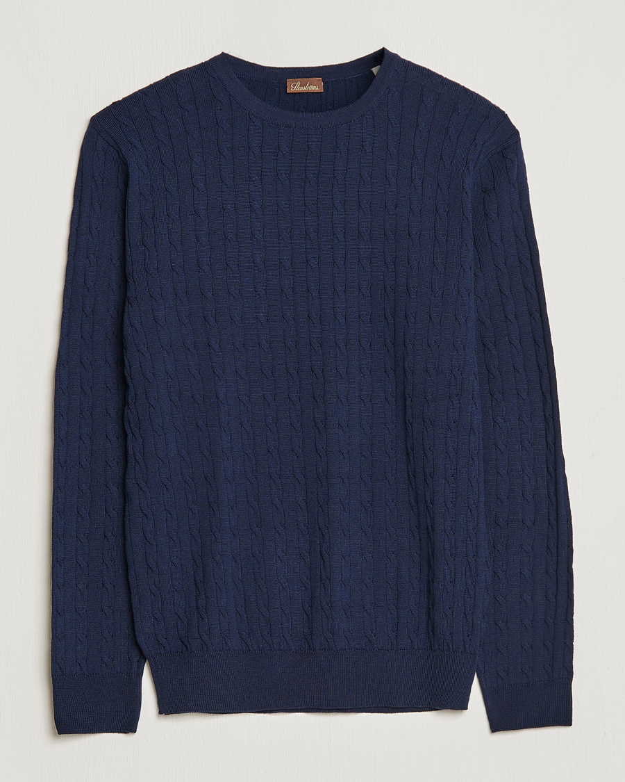 Mies | Puserot | Stenströms | Merino Cable Crew Neck Navy