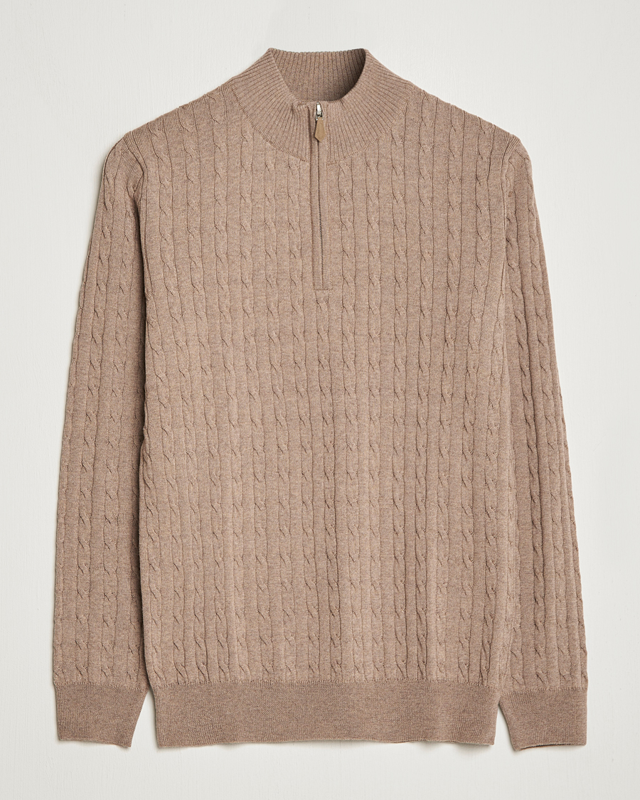 Mies | Puserot | Stenströms | Merino Wool Cable Half Zip Camel