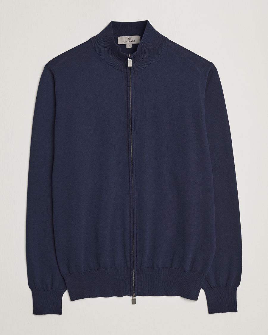 Mies | Puserot | Canali | Cotton Full Zip Sweater Navy