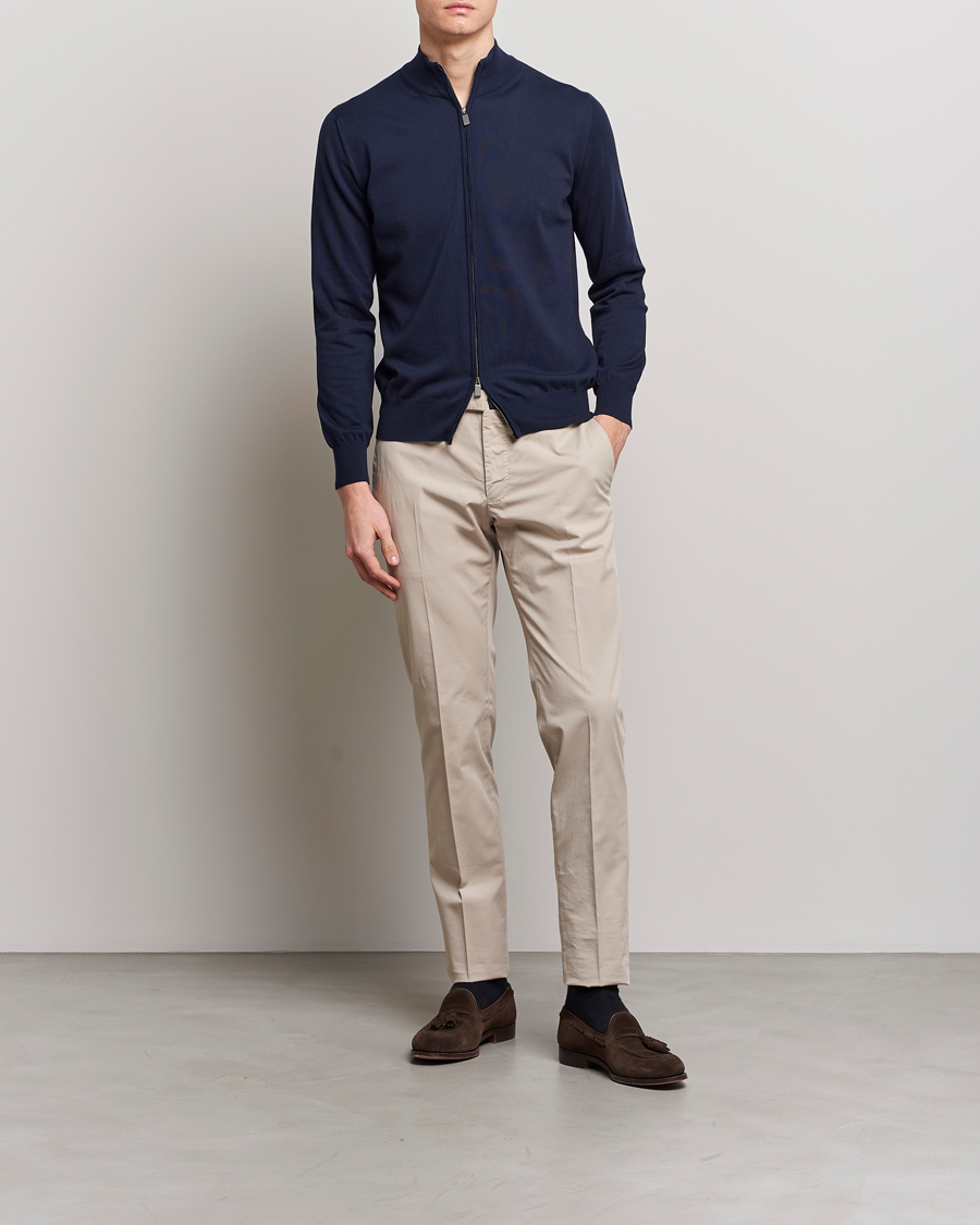 Mies | Puserot | Canali | Cotton Full Zip Sweater Navy