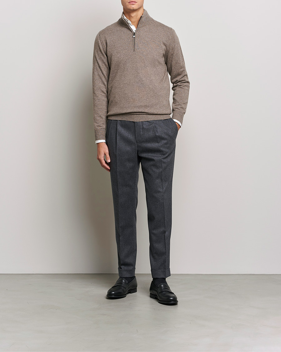 Mies | Puserot | Piacenza Cashmere | Cashmere Half Zip Sweater Brown