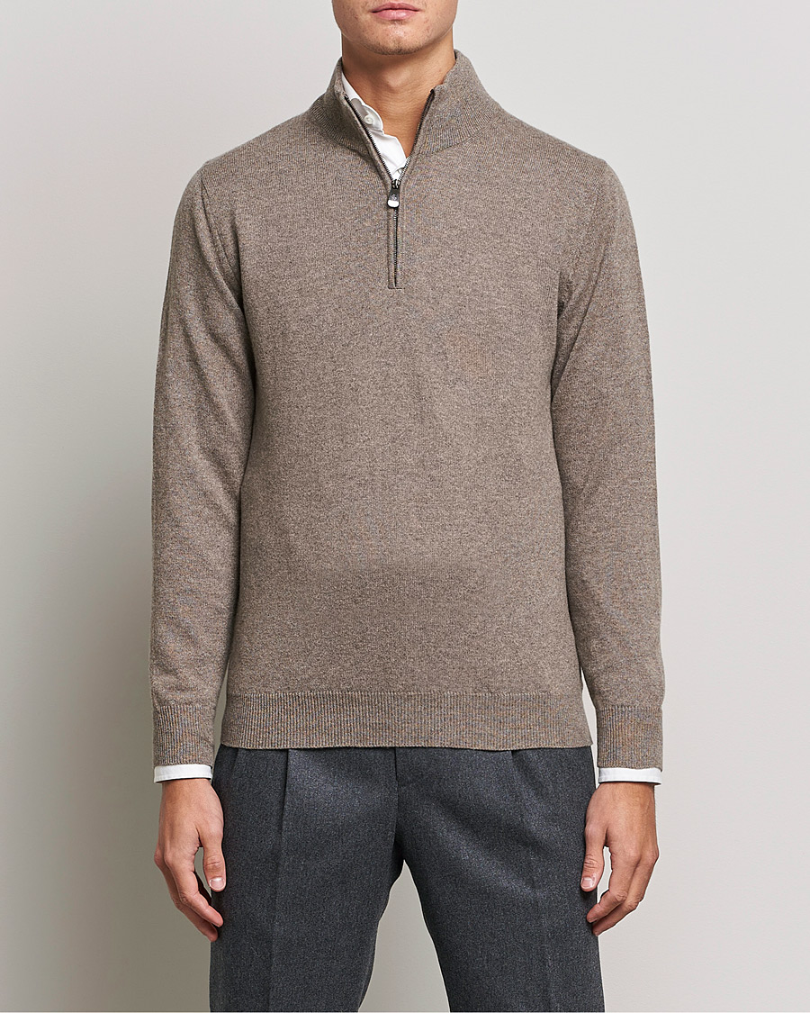 Mies | Kashmirneuleet | Piacenza Cashmere | Cashmere Half Zip Sweater Brown