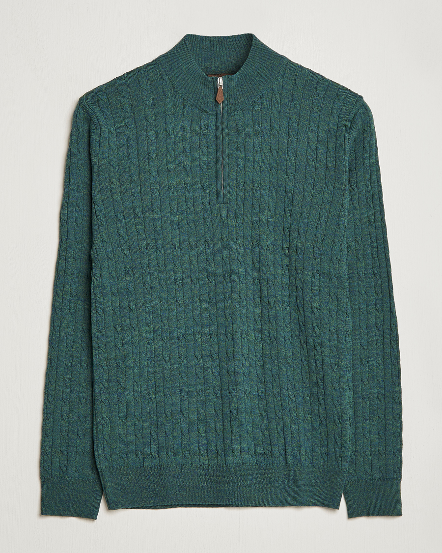 Mies | Puserot | Stenströms | Merino Wool Cable Half Zip Green Mouliné
