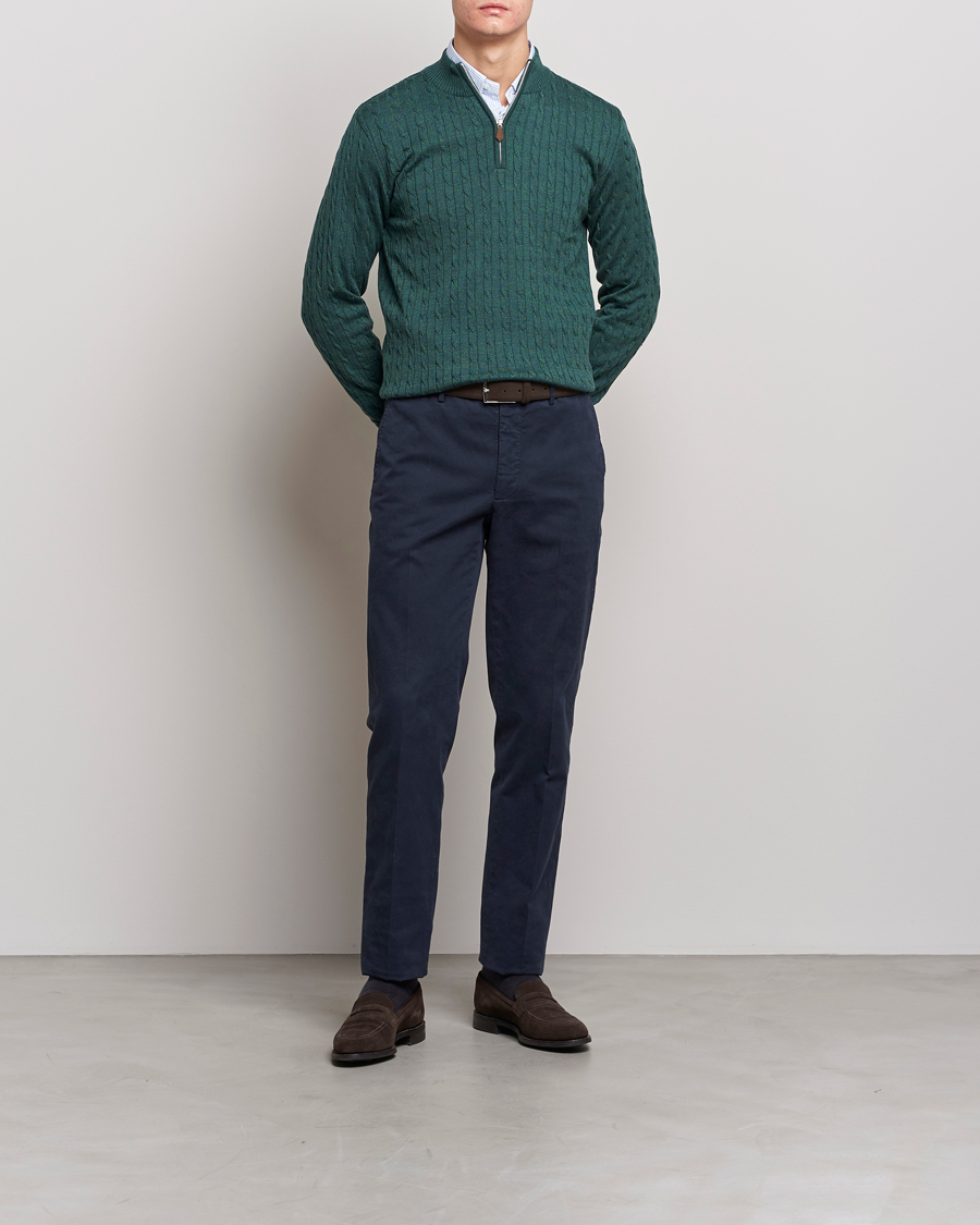 Mies | Vain Care of Carlilta | Stenströms | Merino Wool Cable Half Zip Green Mouliné