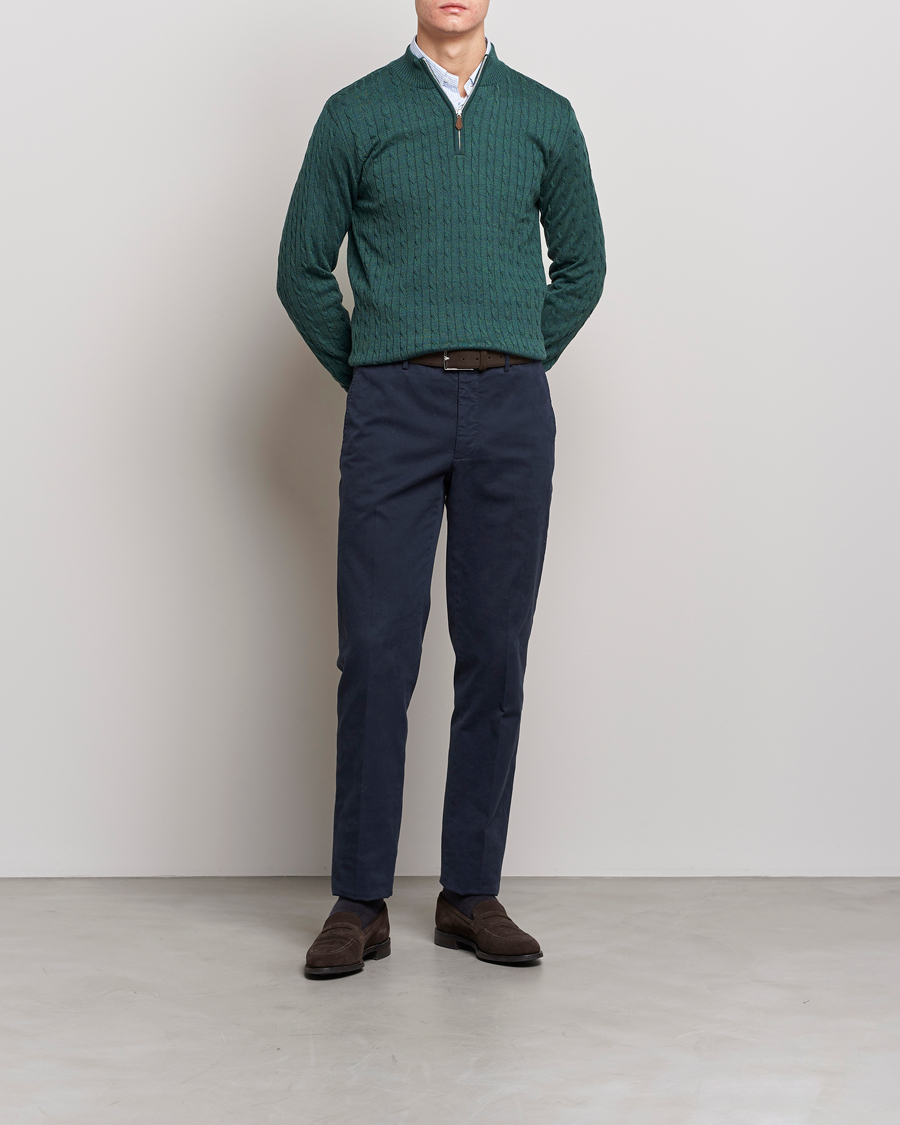 Mies | Puserot | Stenströms | Merino Wool Cable Half Zip Green Mouliné
