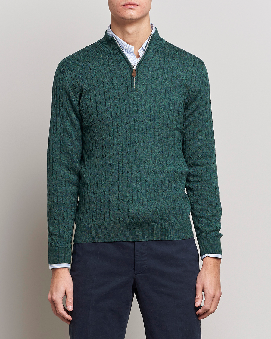 Mies |  | Stenströms | Merino Wool Cable Half Zip Green Mouliné
