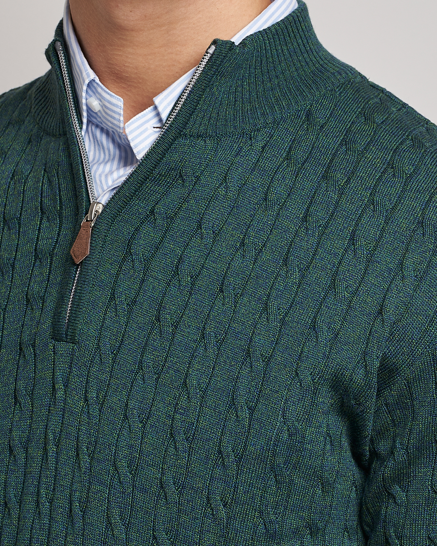 Mies | Puserot | Stenströms | Merino Wool Cable Half Zip Green Mouliné