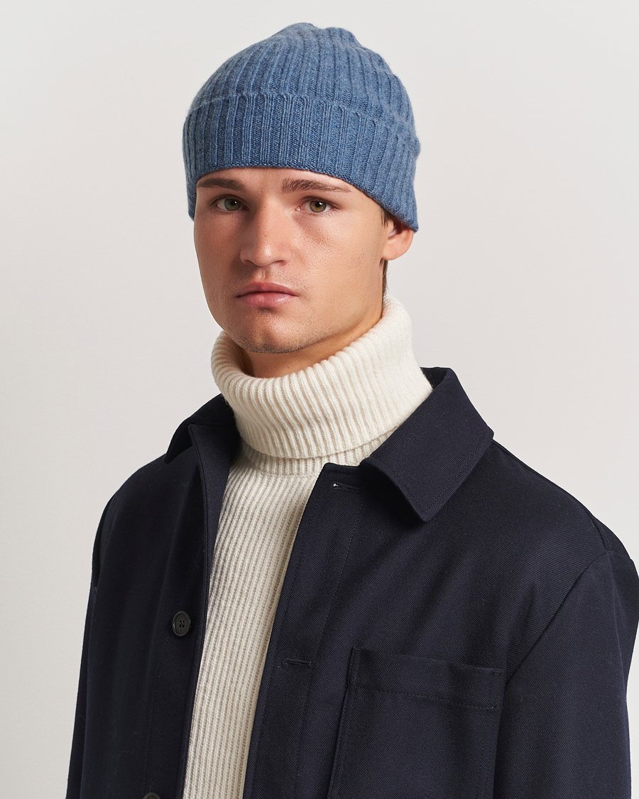 Mies | Amanda Christensen Rib Knitted Cashmere Cap Blue Melange | Amanda Christensen | Rib Knitted Cashmere Cap Blue Melange
