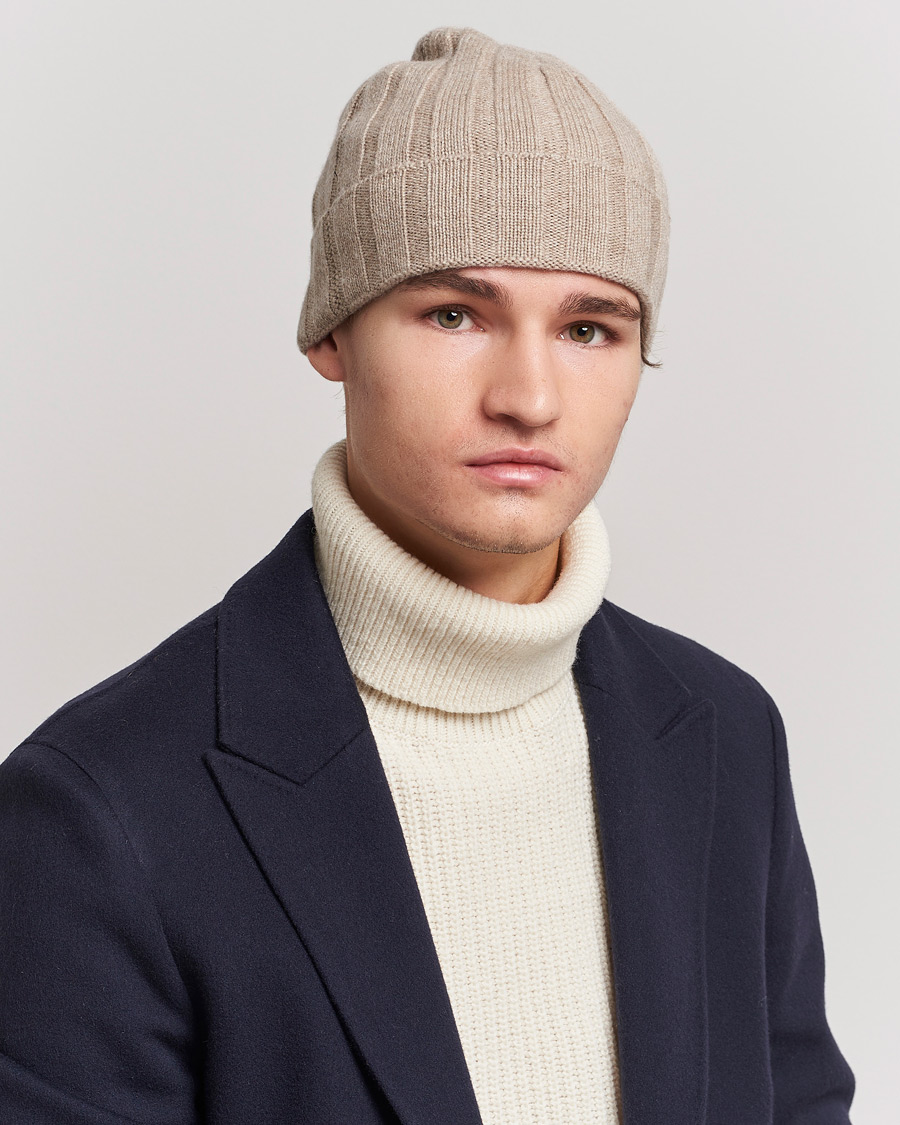 Mies | Amanda Christensen Block Rib Knitted Cashmere Cap Beige Melange | Amanda Christensen | Block Rib Knitted Cashmere Cap Beige Melange
