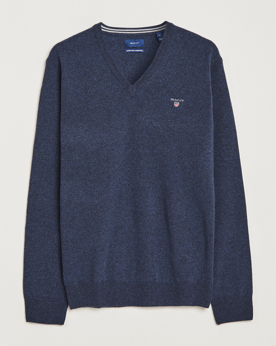 Mies | Puserot | GANT | Lambswool V-Neck Pullover Dark Navy Melange