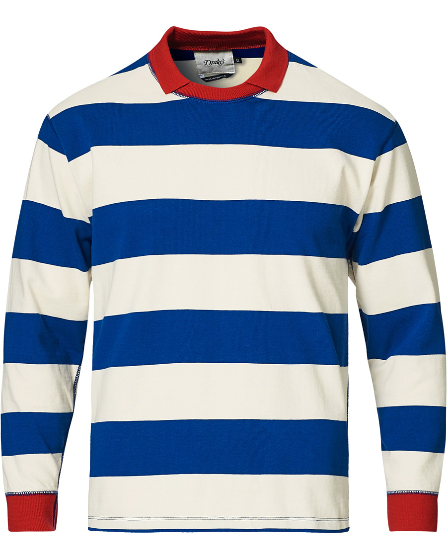 Mies | T-paidat | Drake's | Mock Collar Long Sleeve Tee Blue/White