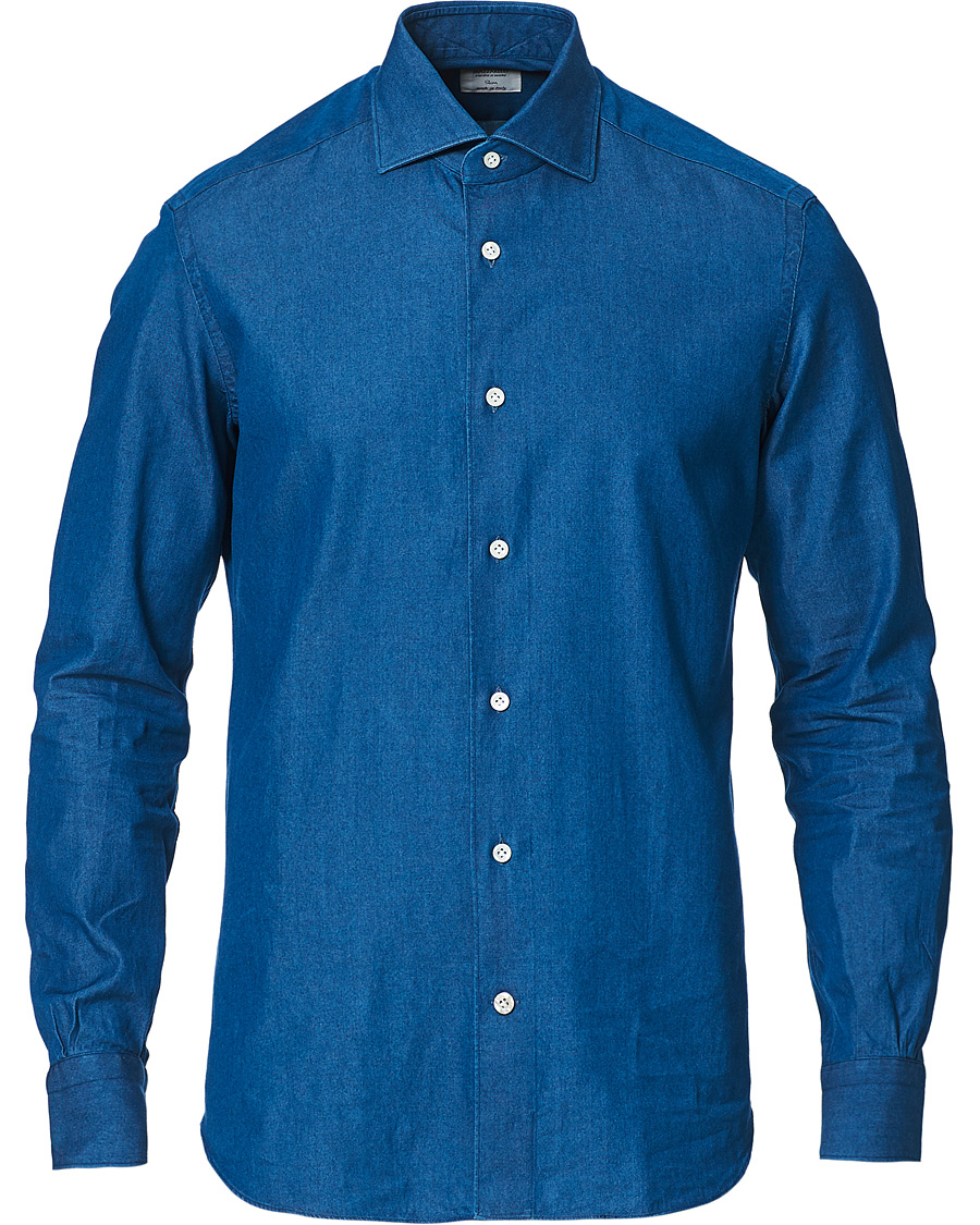 Mies | Kauluspaidat | Mazzarelli | Cut Away Down Denim Shirt Dark Indigo