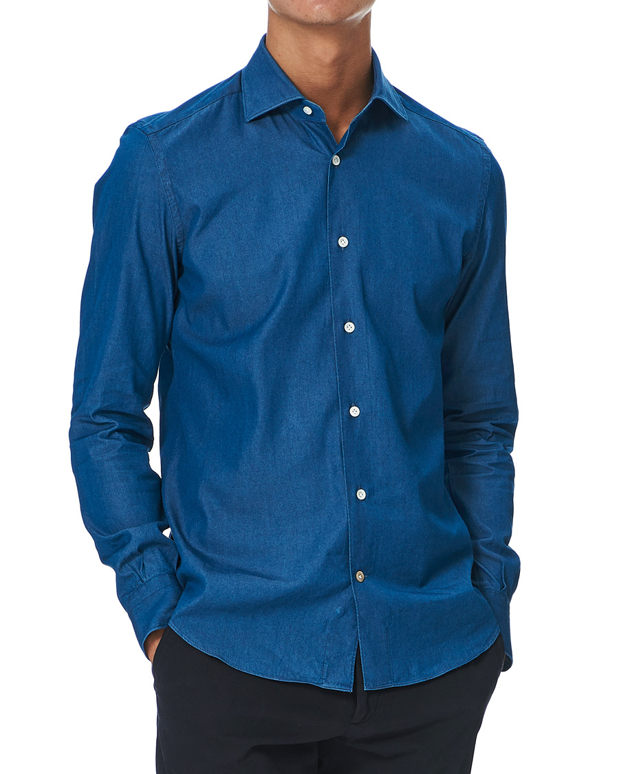 Mies | Kauluspaidat | Mazzarelli | Cut Away Down Denim Shirt Dark Indigo