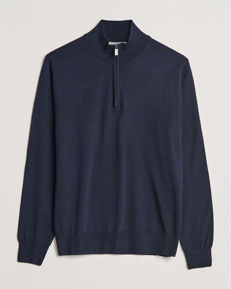 Mies | Puserot | Canali | Merino Wool Half Zip Navy