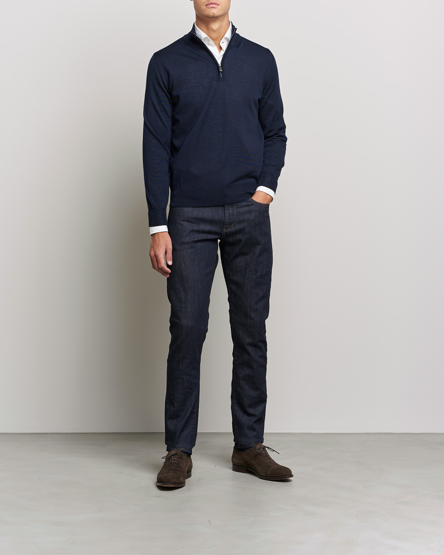 Mies | Puserot | Canali | Merino Wool Half Zip Navy