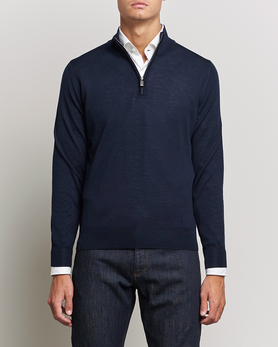 Mies | Puserot | Canali | Merino Wool Half Zip Navy