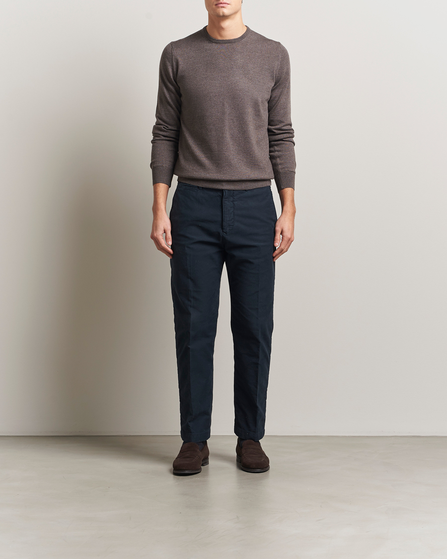 Mies | Puserot | Gran Sasso | Merino Fashion Fit Crew Neck Pullover Brown Melange