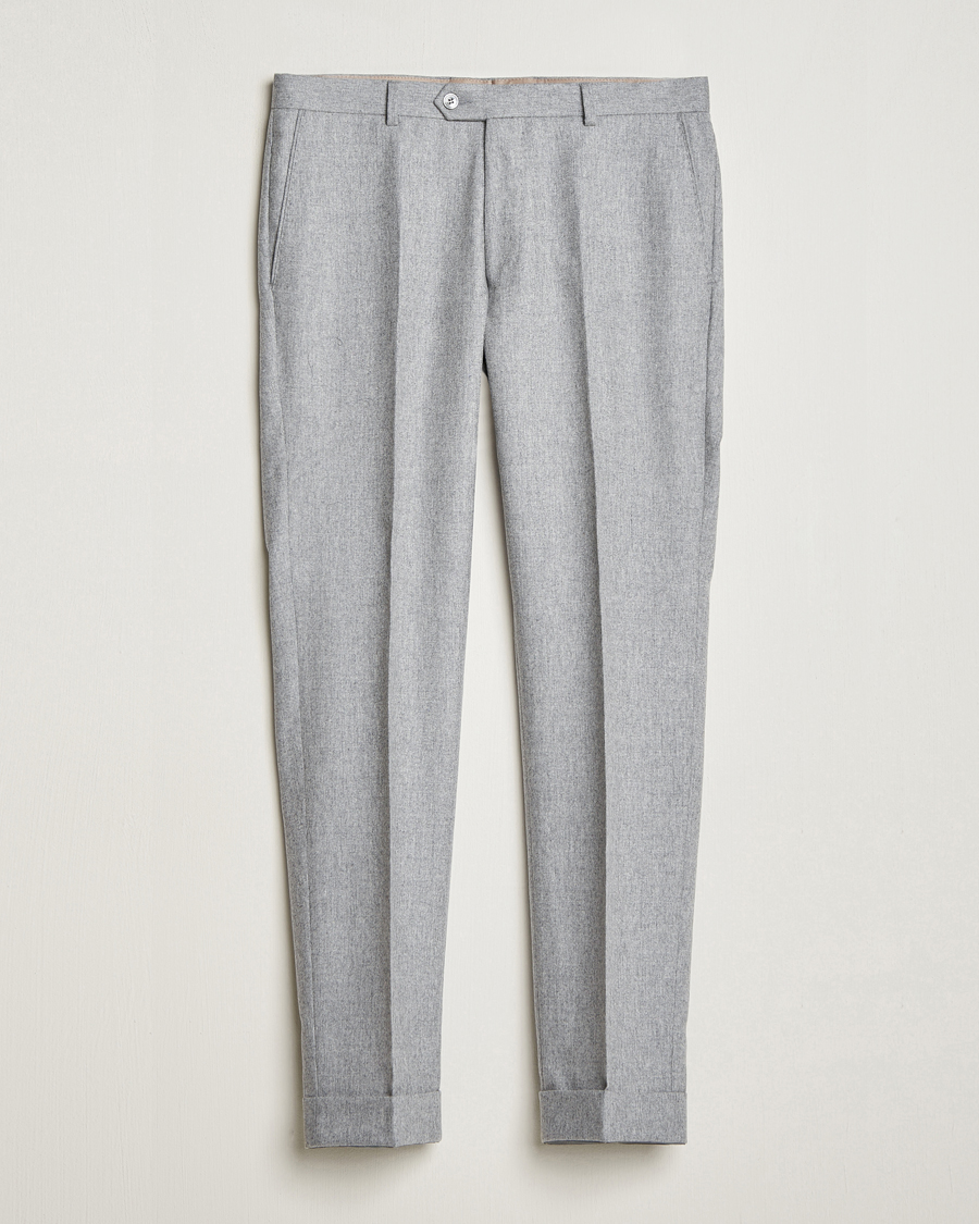 Mies | Housut | Oscar Jacobson | Denz Turn Up Flannel Trousers Light Grey Melang