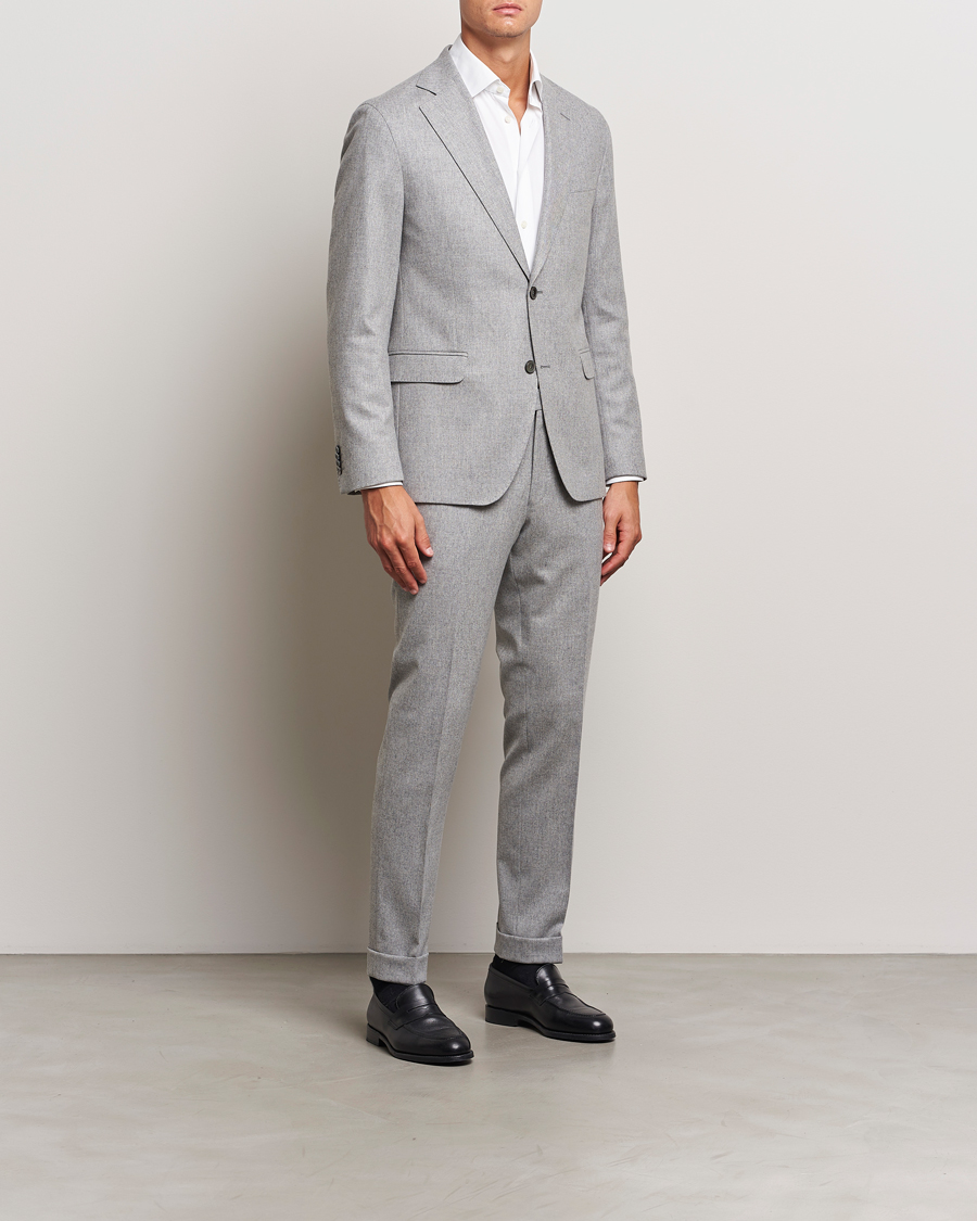 Mies | Housut | Oscar Jacobson | Denz Turn Up Flannel Trousers Light Grey Melang