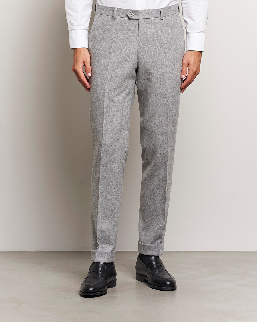 Mies | Housut | Oscar Jacobson | Denz Turn Up Flannel Trousers Light Grey Melang