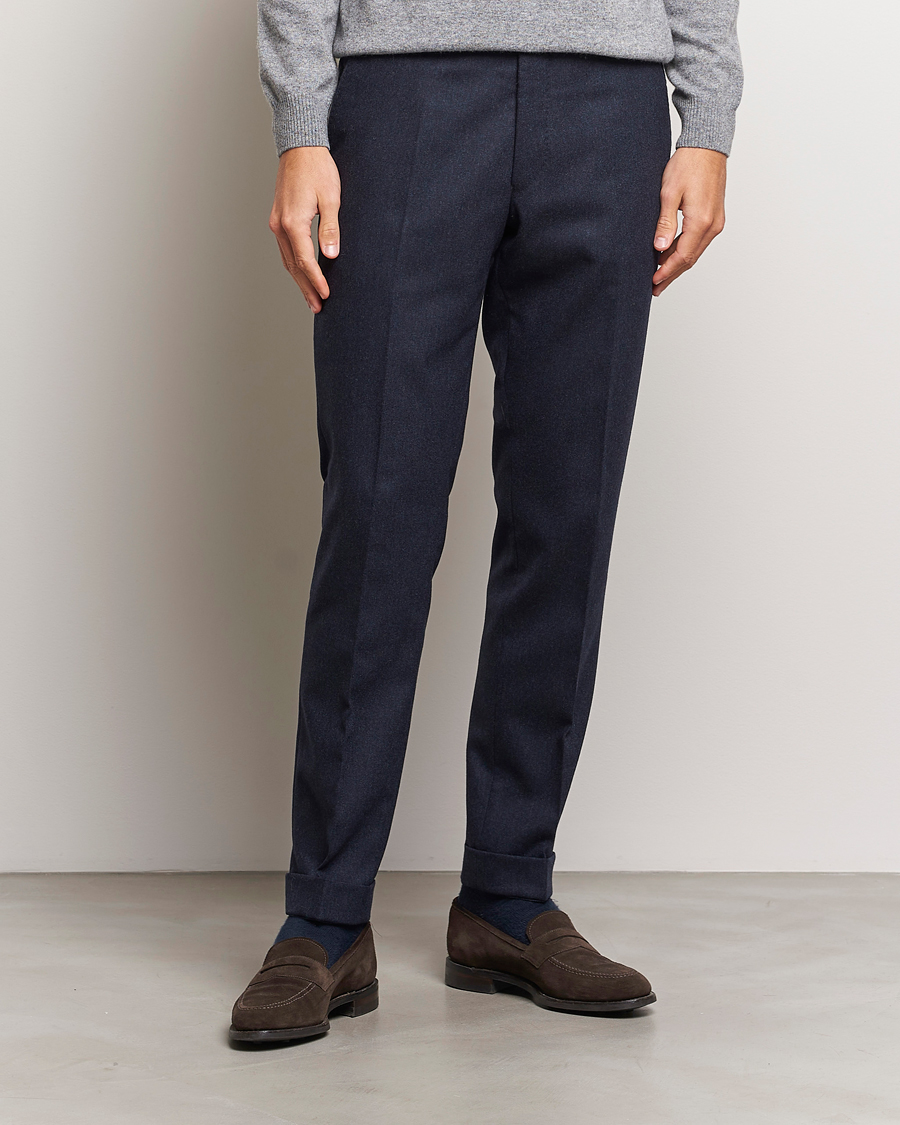 Mies |  | Oscar Jacobson | Denz Turn Up Flannel Trousers Navy Melange