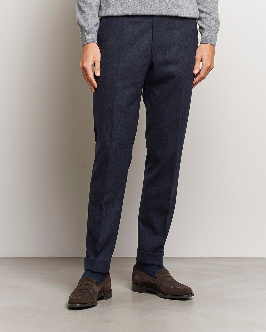 Mies | Housut | Oscar Jacobson | Denz Turn Up Flannel Trousers Navy Melange