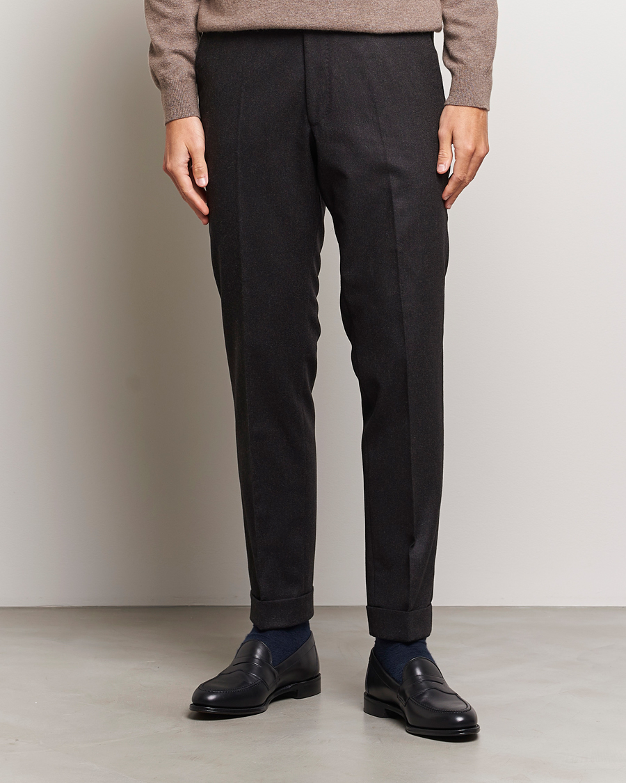 Mies | Housut | Oscar Jacobson | Denz Turn Up Flannel Trousers Brown Melange