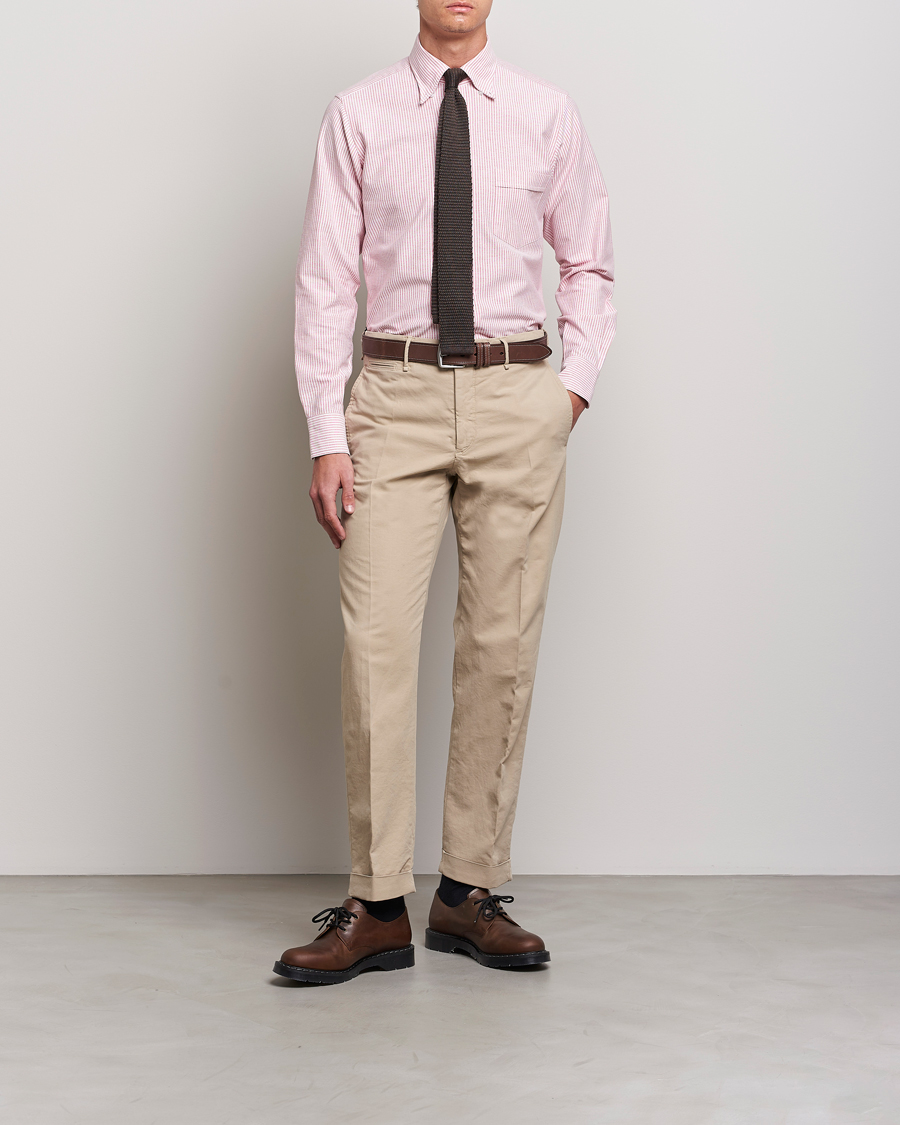 Mies | Oxford-paidat | Drake's | Striped Button Down Oxford Shirt White/Red