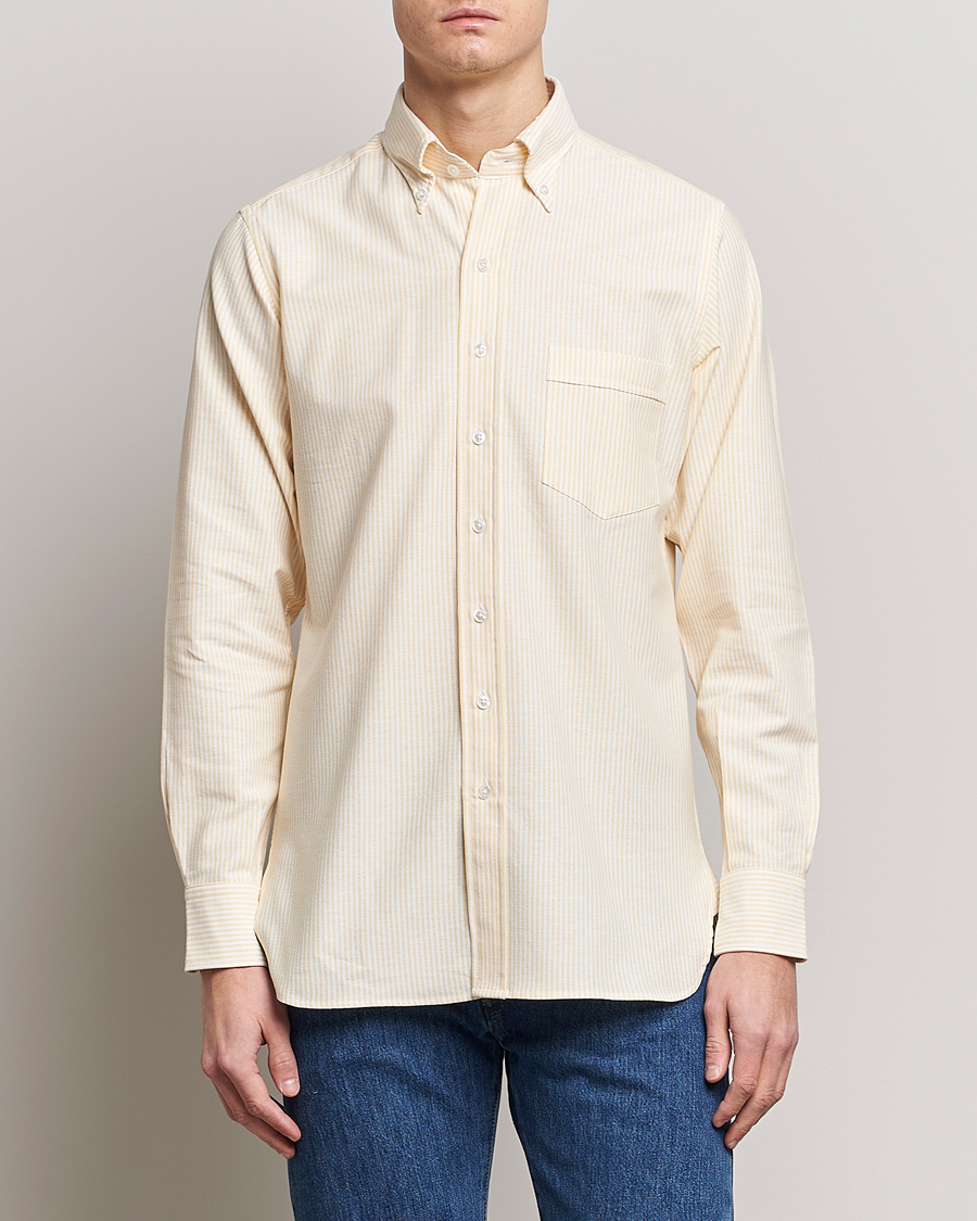 Mies | Oxford-paidat | Drake's | Striped Button Down Oxford Shirt White/Yellow
