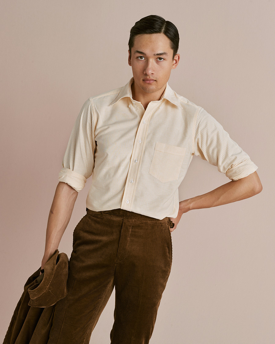 Mies | Kauluspaidat | Drake's | Striped Button Down Oxford Shirt White/Yellow