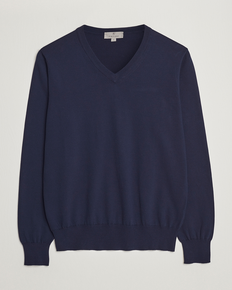 Mies | Puserot | Canali | Cotton V-Neck Pullover Navy