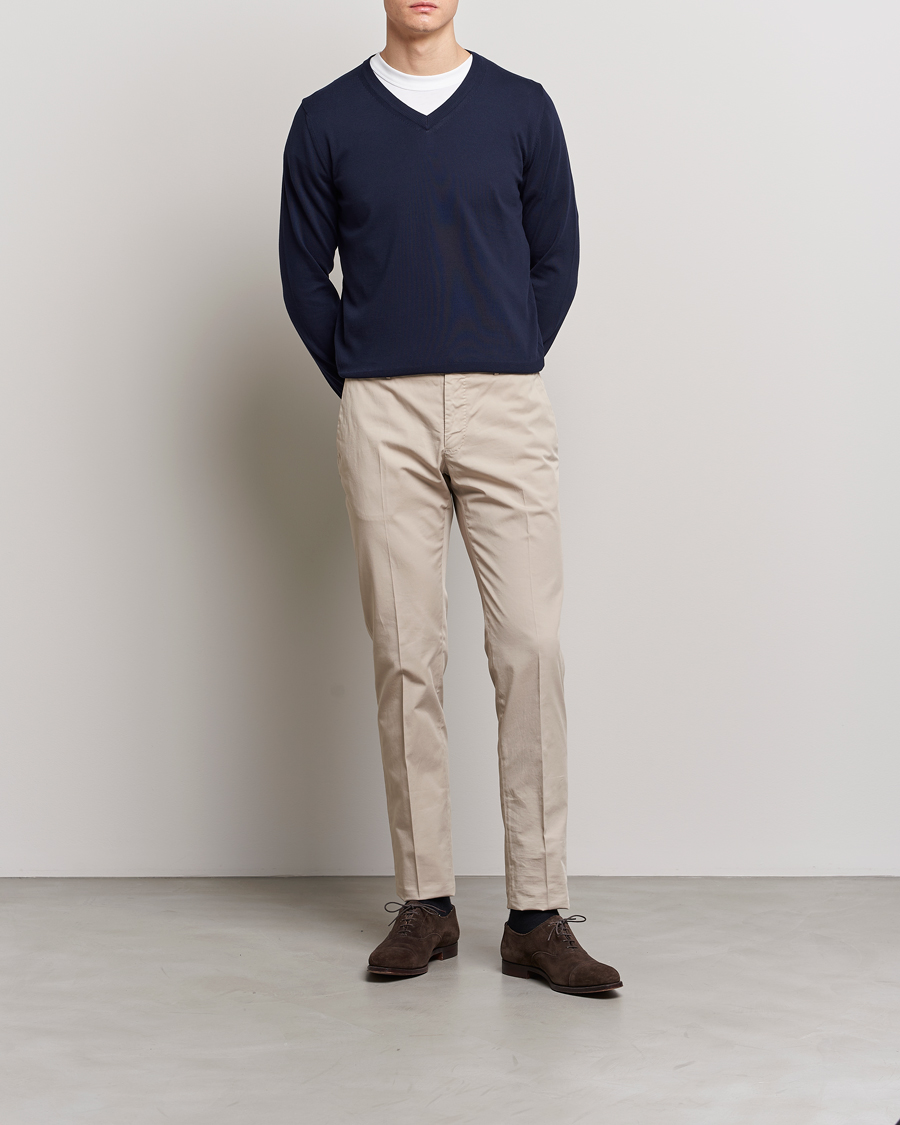Mies | Puserot | Canali | Cotton V-Neck Pullover Navy