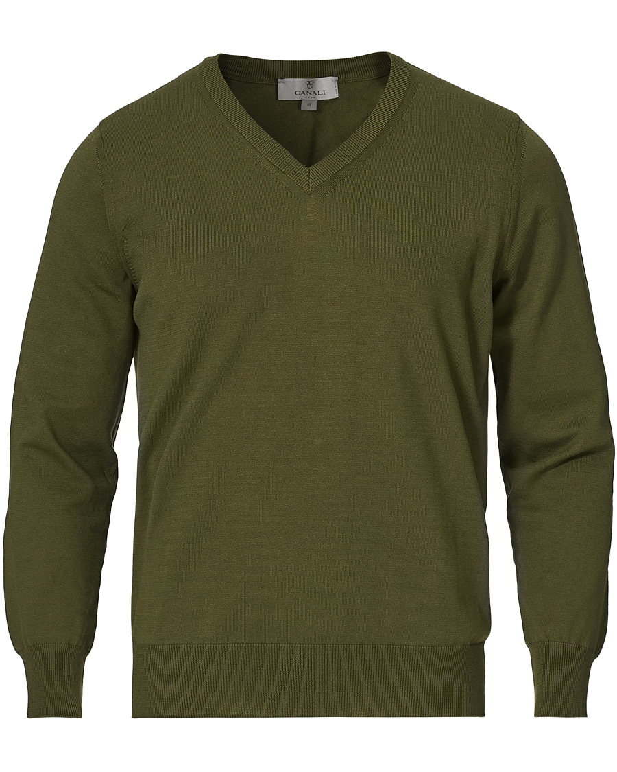 Miehet |  | Canali | Cotton V-Neck Pullover Dark Green